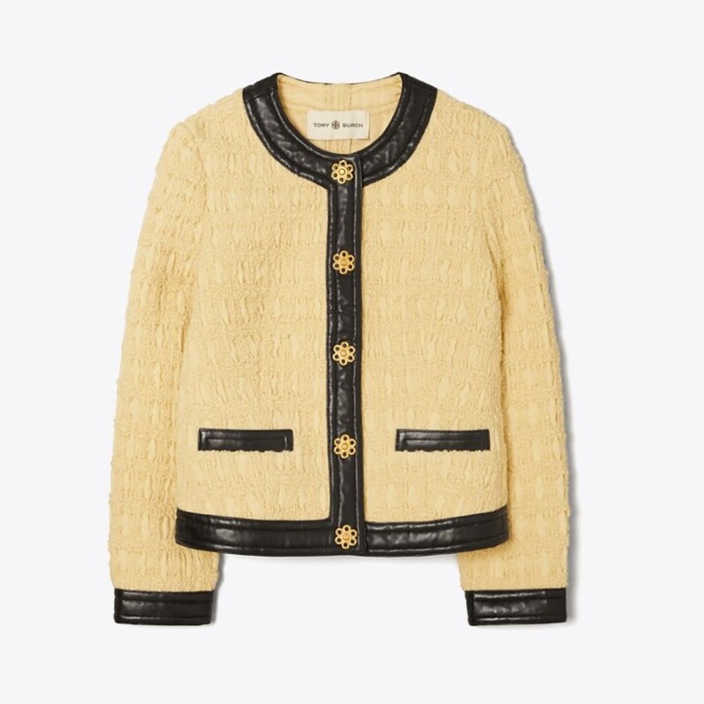 NWT Tory Burch Cream Tweed Lady Coat with Leather Trim